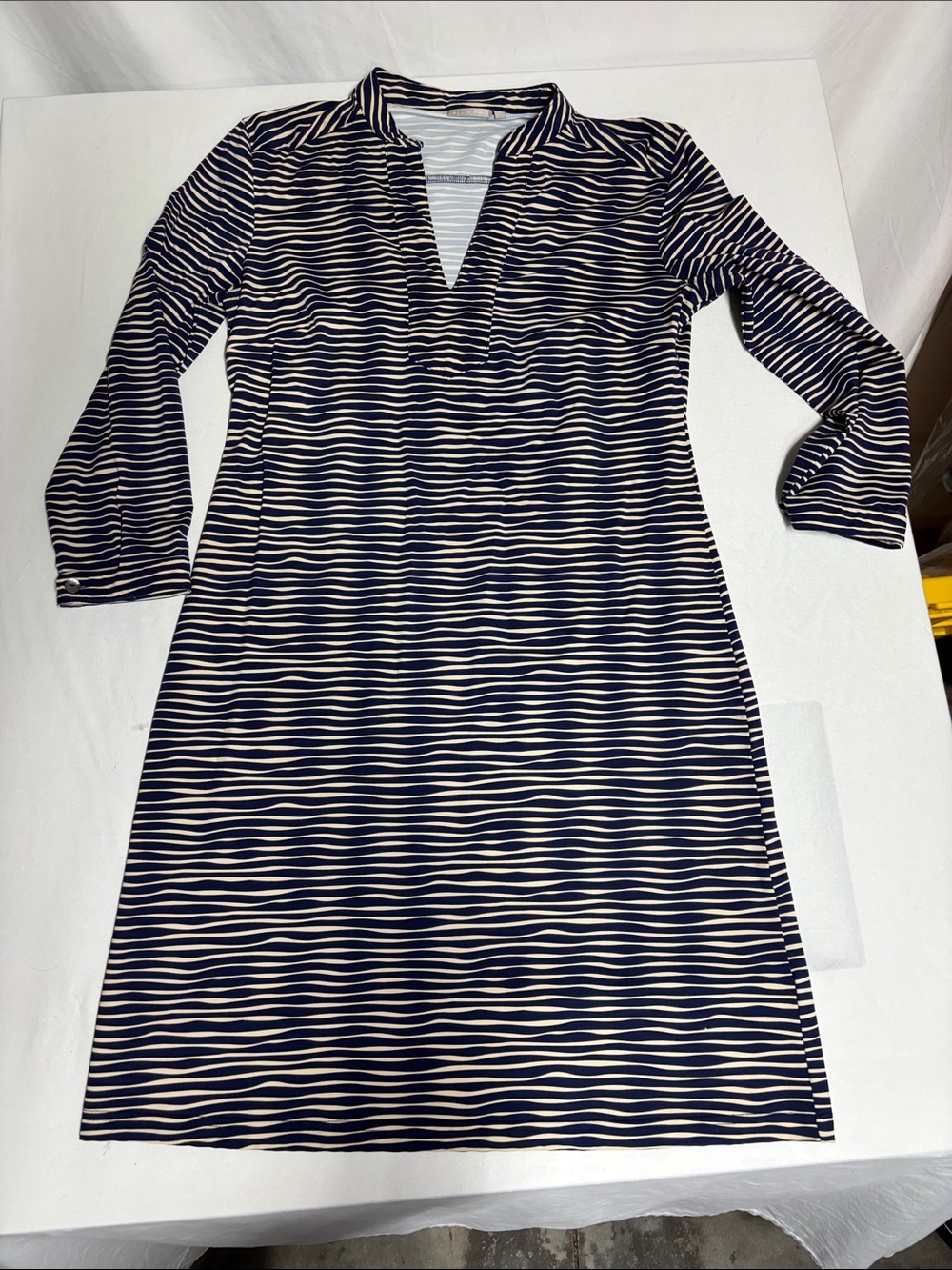 Ellie Kai Navy Cream Striped Shirt Dress Size 2 Long Sleeve Stretch